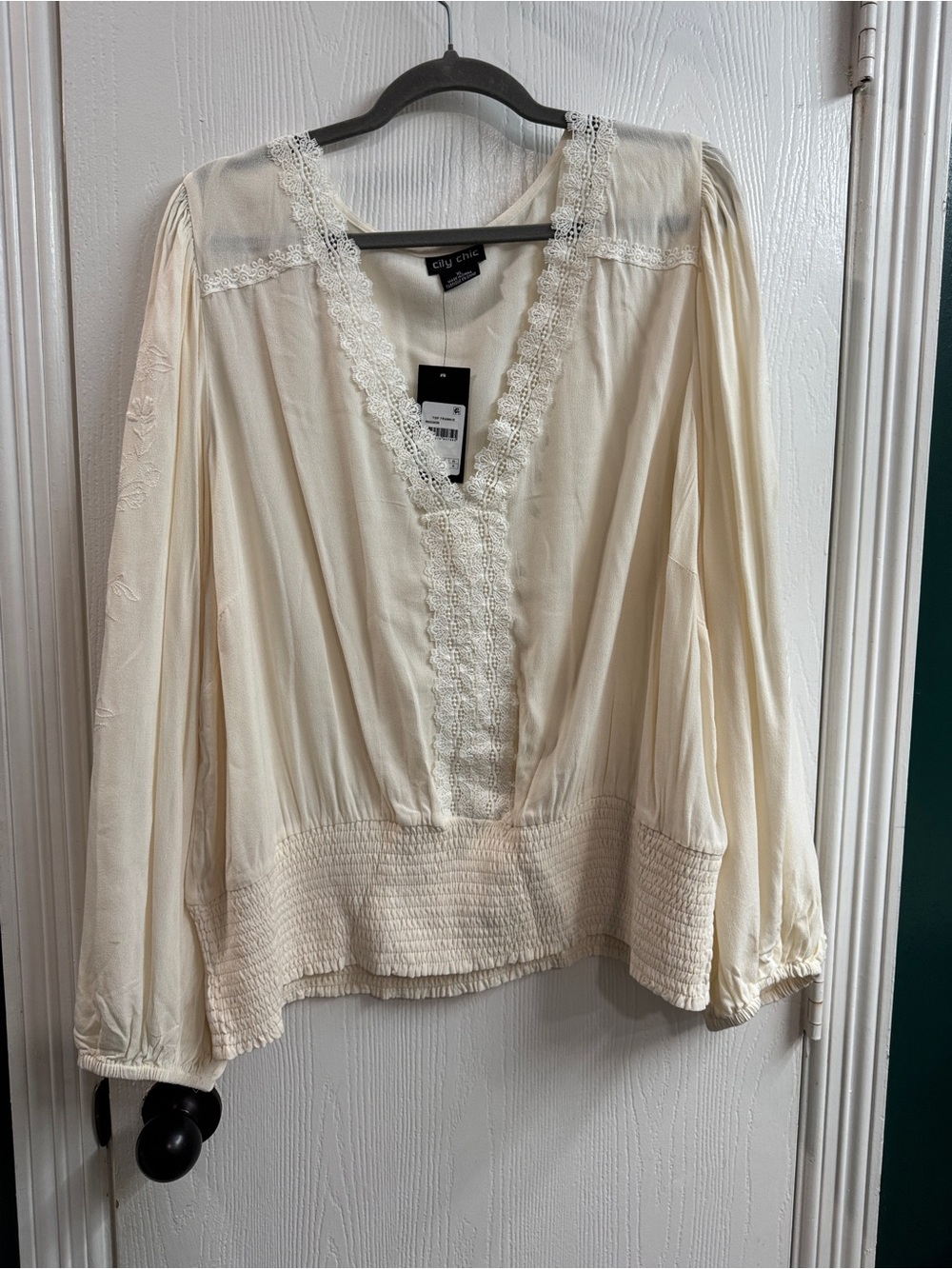 City Chic Ivory Lace-Trim V-Neck Blouse